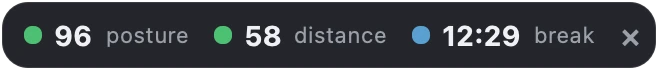 The ScreenGuardian status pill showing a posture score of 96, a screen distance of 58 centimeters, and the next eye break.